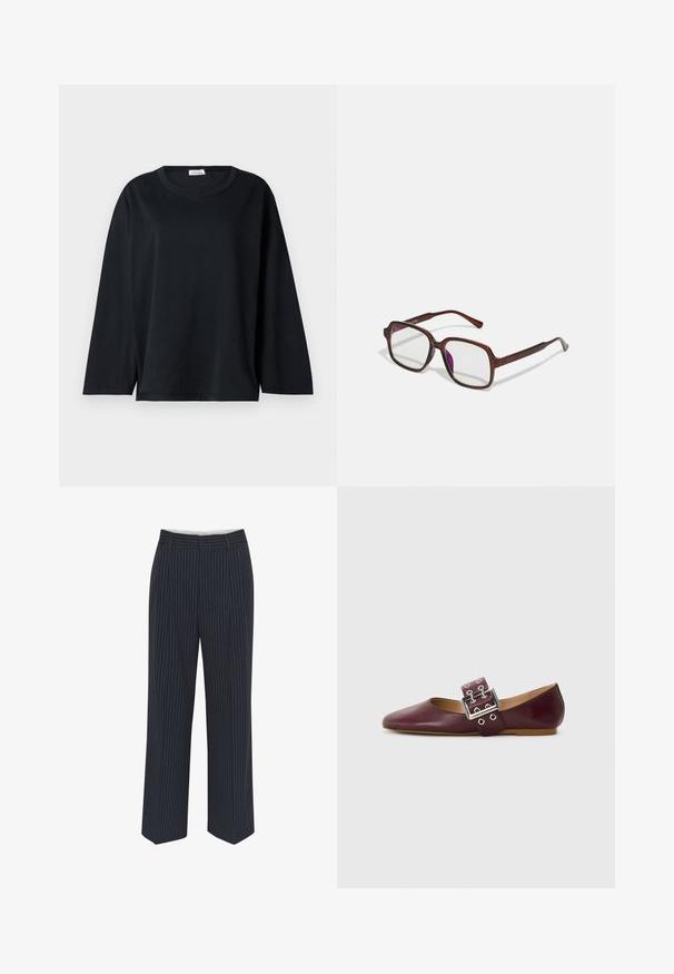 Black long-sleeve t-shirt in cotton with a round neckline, relaxed fit, and side slits at the hem for ease of movement.; Navy blue trousers with white vertical pinstripes, wide-leg design, smooth fabric, belt loops, and a crease down the front for a tailored look.; Burgundy leather ballet flat with pointed toe, wide strap featuring a silver buckle and multiple holes, flat sole, smooth texture.; Brown, rectangular eyeglasses with transparent lenses and purple tints. Smooth plastic frame with straight temples and subtle accents.; Brown suede handbag featuring a rounded shape, short handles, and a detachable strap. Accented with a gold button and square patches.