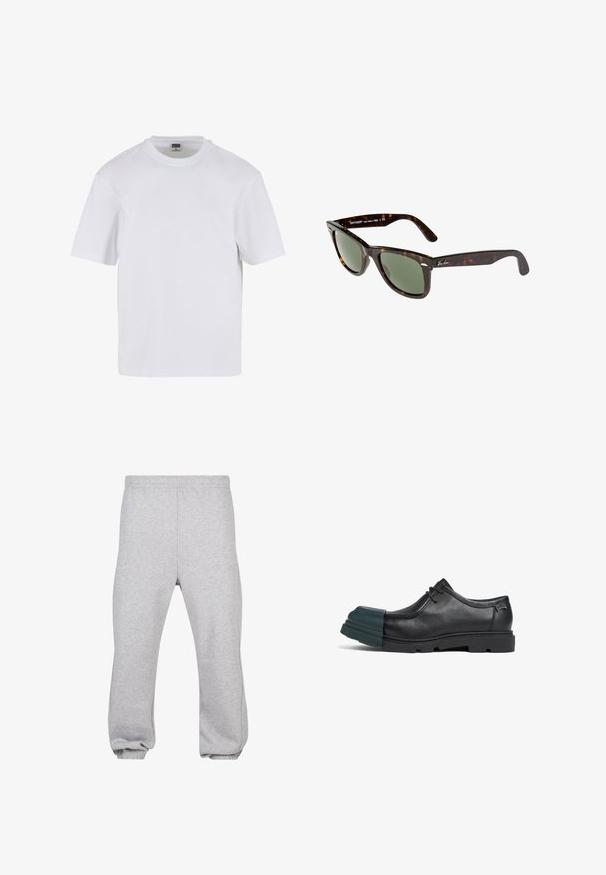 Camiseta blanca de manga corta hecha de algodón. Presenta un cuello redondo y un ajuste holgado. Textura suave, diseño minimalista, sin patrones ni adornos.; Pantalones de chándal grises hechos de una mezcla de algodón, con cintura elástica, piernas ajustadas y dobladillos acampanados. Diseño simple sin patrones.; Zapato de cuero negro con punta redonda, que presenta una superposición de goma verde. Diseñado con un acabado suave y una suela gruesa y texturizada.; Gafas de sol Wayfarer con montura de plástico de carey oscuro, lentes verdes y logo plateado de Ray-Ban en la patilla.; Bolsa de viaje de cuero marrón con cierre de cremallera, doble asa, correa de hombro ajustable y patrones de textura visibles en la superficie.