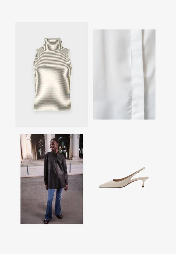 Ärmelloses Rollkragenoberteil mit vertikalen schwarz-weißen Streifen, hergestellt aus einem strukturierten Strickstoff und mit einem hohen, eng anliegenden Kragen.; Weißer Stoff mit einer glatten, seidigen Textur, der einen subtilen Glanz aufweist und über eine vertikale Nahtdetail am rechten Rand verfügt.; Schwarzes Lederhemd mit Knopfverschluss, mit Kragen und Fronttasche, kombiniert mit weit geschnittenen blauen Jeans und schwarzen Sandalen.; Beige Slingback-Absatzschuhe mit spitzer Zehenform und niedrigem, ausgestellten Absatz. Hergestellt aus glattem Leder mit einem minimalistischen Design und verstellbarem Riemen.