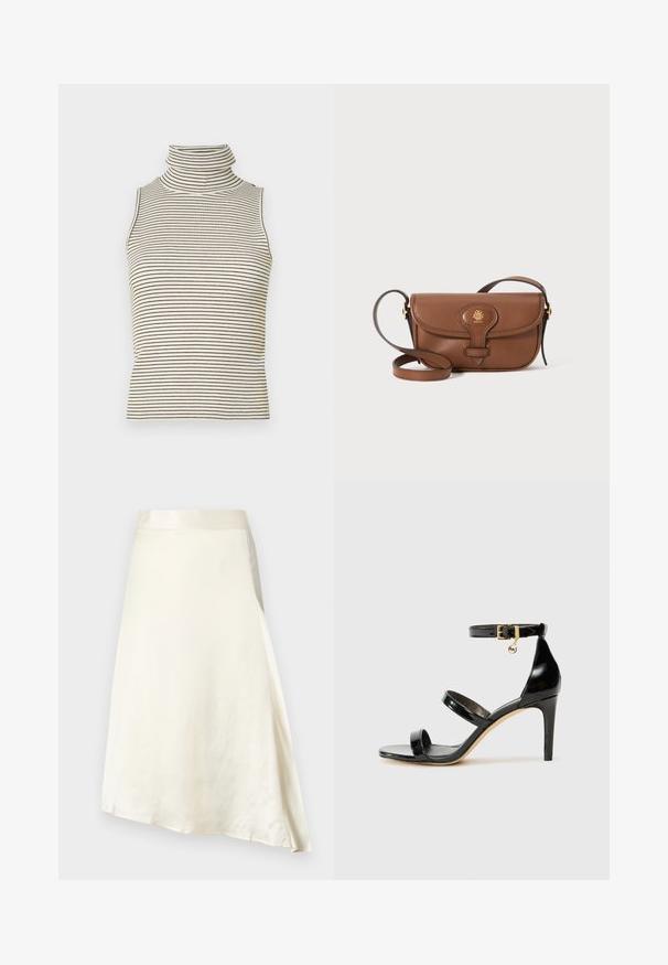 Sleeveless turtleneck top with vertical black and white stripes, made of a textured knit fabric, featuring a high, snug collar.; A cream, knee-length skirt made of smooth satin fabric with a slight sheen. Features an A-line design and a gathered waist for fit.; Black patent leather sandal with three straps, ankle buckle, and 4-inch stiletto heel. Features gold hardware detail and logo charm.; Brown leather crossbody bag with a curved flap, gold hardware, and a decorative logo. The strap is adjustable and features a smooth texture.