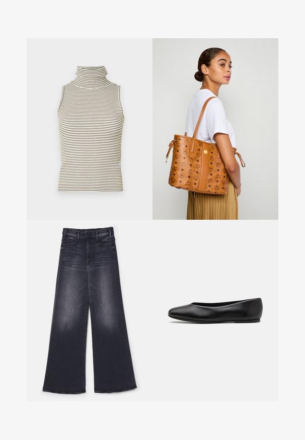 Ærmeløs turtleneck-top med lodrette sorte og hvide striber, lavet af en struktureret strikket stof, med en høj, tætsiddende krave.; Mother THE HUSTLER ROLLER SNEAK - Wide leg - not today satan; Paul Smith TOPANGA - Ballerinasko - black; Kvinde i hvid skjorte og stribede bukser, der bærer en lys læder tote taske med sorte logoer over skulderen, vendt skråt mod siden.