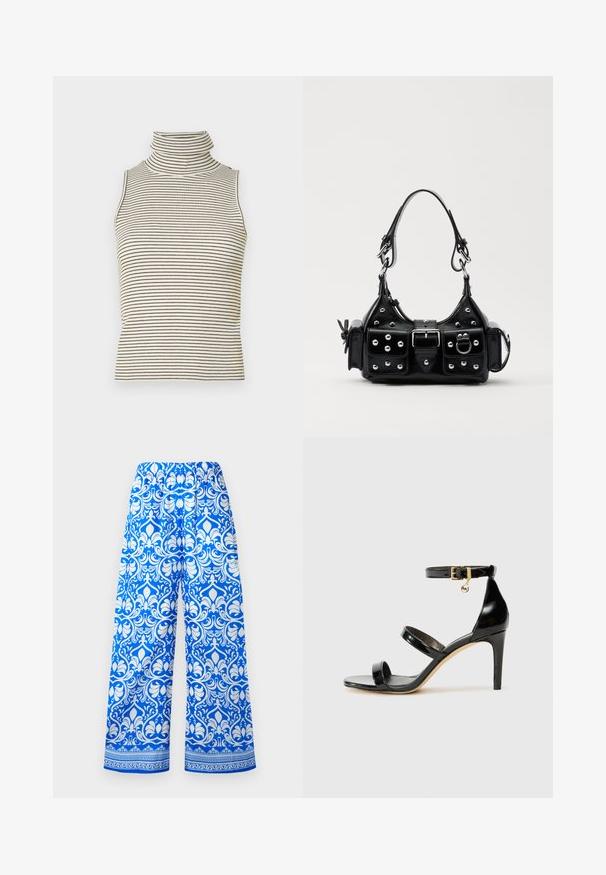Hihaton poolopaita, jossa on pystysuorat mustat ja valkoiset raidat, valmistettu teksturoidusta neulekankaasta, ja siinä on korkea, tiukka kaulus.; Siniset ja valkoiset leveälahkeiset housut, joissa on elastinen vyötärö ja monimutkainen kukkakuvio kanttaavina reunoina helman lähellä.; Musta patentoitu nahkasandaali, jossa on kolme hihnaa, nilkkasolki ja 4 tuuman stiletto-korko. Varustettu kultaisilla yksityiskohdilla ja logokoristeella.; Musta nahkainen käsilaukku, jossa on kaareva muotoilu, hopeiset niitit, solki ja kaksi sivutaskua. Säädettävä olkahihna erilaisiin kantovaihtoehtoihin.