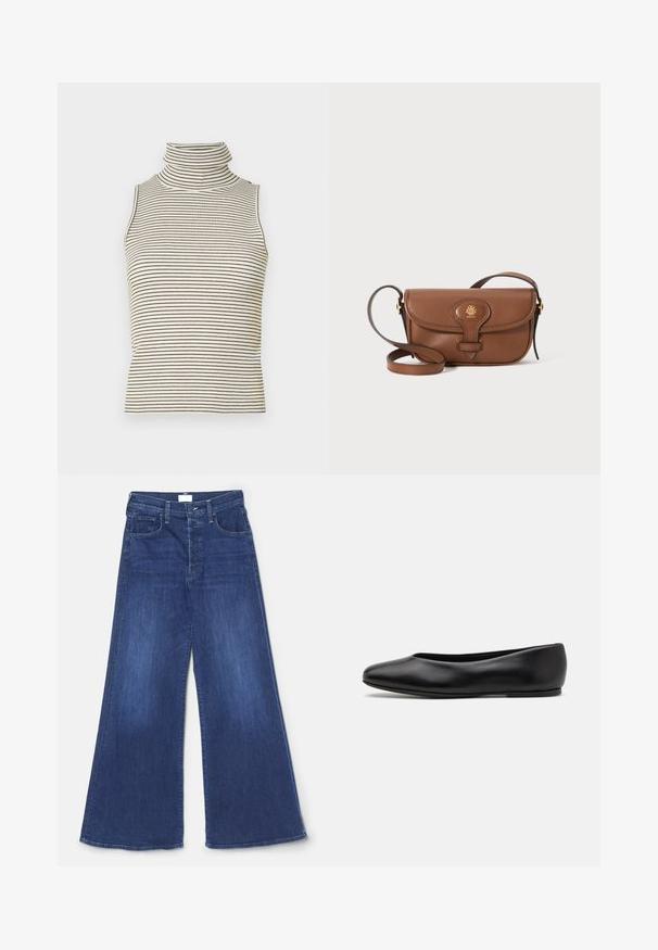 Sleeveless turtleneck top with vertical black and white stripes, made of a textured knit fabric, featuring a high, snug collar.; Mother THE TOMCAT ROLLER SNEAK - Wide Leg - blue; Paul Smith TOPANGA - Ballet pumps - black; Brown leather crossbody bag with a curved flap, gold hardware, and a decorative logo. The strap is adjustable and features a smooth texture.
