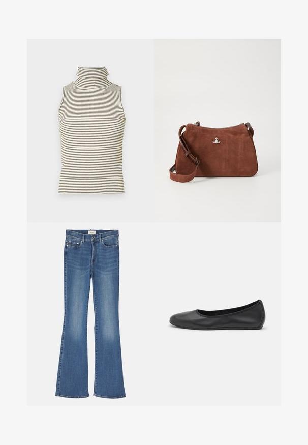 Bele gydimo viršus be rankovių su vertikaliomis juodai baltomis juostomis, pagamintas iš tekstūruoto mezgimo audinio, turintis aukštą, prigludusią apykaklę.; Mėlynos džinsinės kelnės su plačiomis apačiomis, vidutinio skalbimo, penkių kišenių dizainas ir kontrastinga siuvinėjimo spalva. Įrengtos mygtuko ir užtrauktuko uždarymo sistema.; Juodai odiniai baletai su apvaliu pirštu, lygi texture, minimalus siuvimo detales ir lanksčiu padų dizainu.; Rudas zomšos rankinukas su užtrauktuku, reguliuojama petneša ir sidabro spalvos akcentais, pasižymintis subtilia tekstūru.