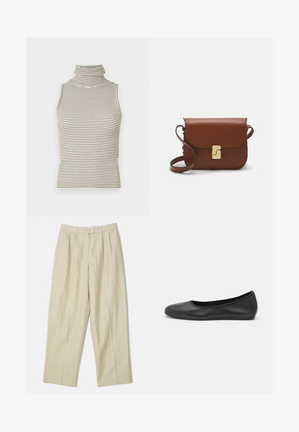 Top fără mâneci, cu guler înalt și strâns, realizat dintr-un material tricotat texturat, având dungi verticale negre și albe.; Pantaloni din in bej cu un croi larg, având pliseuri frontale, buzunare laterale și o textură netedă. Croi clasic și stil versatil.; Balerini din piele neagră, cu vârf rotund, textură netedă, detalii de cusătură minimale și un design al tălpii flexibil.; Geantă de piele maro cu închidere tip capac, accesorii de culoare aurie, curea de umăr și o textură netedă. Formă compactă și rectangulară.