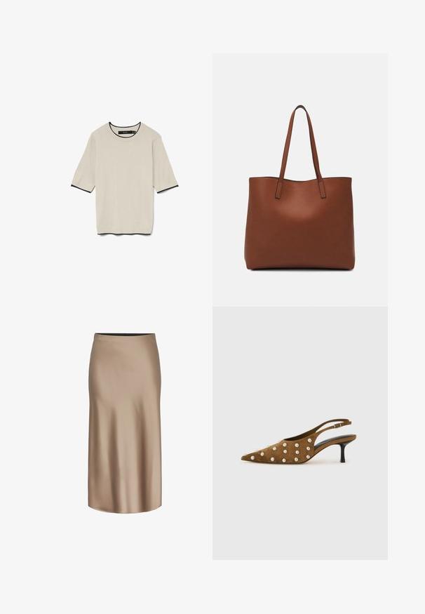 Iesvērta, gaiši beigu krāsas T-kreklu ar īsām piedurknēm, ar apaļu izgriezumu un kontrastējošu melnu apdari ap izgriezumu un piedurknēm, noformēts plakaniski.; Brahmatī krāsas satīna midi svārki ar gludu tekstūru, taisnu siluetu un elastīgu jostasvietu komfortam. Nav redzamu rakstu vai akcentu.; Bieži zamšādas slingback kāju kurpes ar smailu degunu un sudraba apļveida kniedēm uz augšdaļas un sāniem, uz vienkārša baltā fona.; Brūna ādas iepirkumu soma ar gludu tekstūru, atvērta augšdaļa un divas plecu siksnas. Izceļas ar minimālām šuvēm un redzamu aparatūru nav.