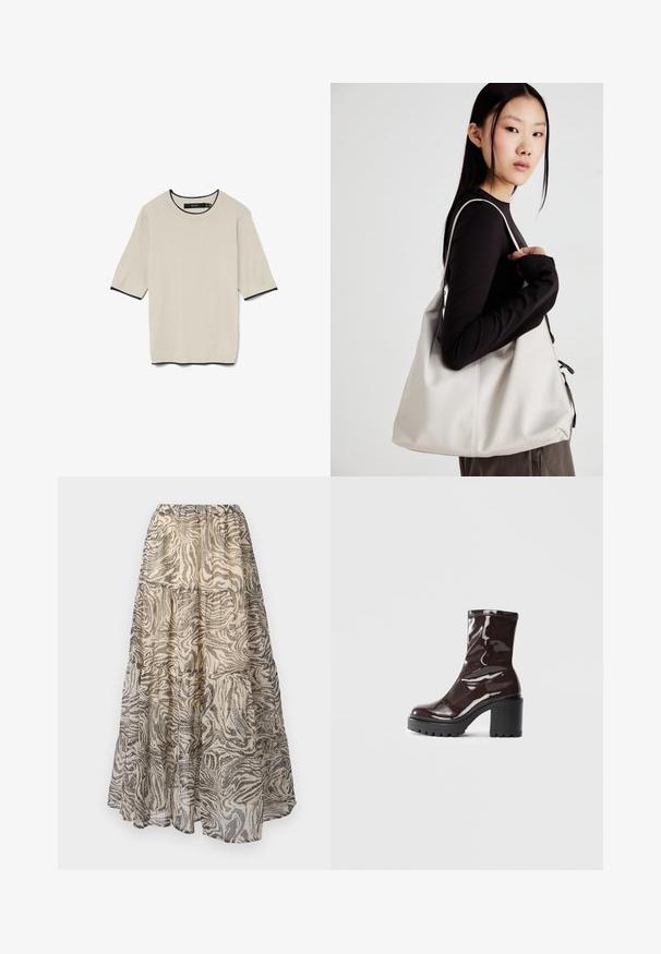 T-maica kratkih rukavov, svetle bež barve, z okroglo izrezano vrvico ter kontrastnim črnim robom okoli izreza in rokavov, predstavljena raven.; Večstopenjska maxi krila iz lahkega materiala, ki prikazuje bež in črno zebro vzorec. Elastičen pas za prilagodljivo prileganje.; Sijajan škrlatank z bleščečim videzom, z masivnim črnim peto, ki se ponaša z gladko teksturo in preprostim dizajnom. Brez vidnih zapenjal ali vzorcev.; Bežna torbica iz mehkega materiala, z ohlapno zasnovo, šivi in dvema naramnicama. Primerna za vsakodnevno uporabo.