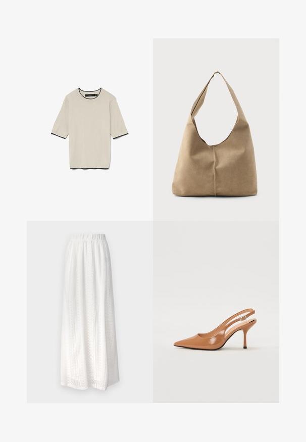 Kortærmet, lyse beige T-shirt med rund hals og kontrasterende sort kant ved halsudskæringen og ærmerne, præsenteret fladt.; Hvid maxi nederdel lavet af tekstureret stof med udskæringsmønstre, elastisk talje og svajende design.; Spids tå slingback hæl i et glat, blankt tan materiale. Har et buet udskæring design og en slank stiletto hæl. Sølv spænde detalje.; Hobo taske i blød beige ruskind med en afslappet form, bred skulderrem og håndsyet sømdetalje langs fronten.
