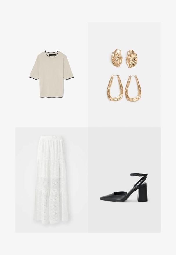 Iesvērta, gaiši beigu krāsas T-kreklu ar īsām piedurknēm, ar apaļu izgriezumu un kontrastējošu melnu apdari ap izgriezumu un piedurknēm, noformēts plakaniski.; Balta, daļēja maksi svārki, izgatavoti no mežģīņu auduma, ar viļņotu rakstu un elastīgu jostasvietu. Gaisīga un plūstoša dizainu, kas ideāli piemērots siltam laikam.; Melna ādas augstpapēžu kurpe ar norakstīto purngala formu, potītes siksniņu un masīlu papēdi. Gluda tekstūra, elegants dizains un minimālisma estētika.; Zelta krāsas auskari ar teksturētām, viļņotām formām. Iekļauts skulpturāls piespraužams modelis un atvērta gredzenveida konstrukcija ar izsistām virsmām.