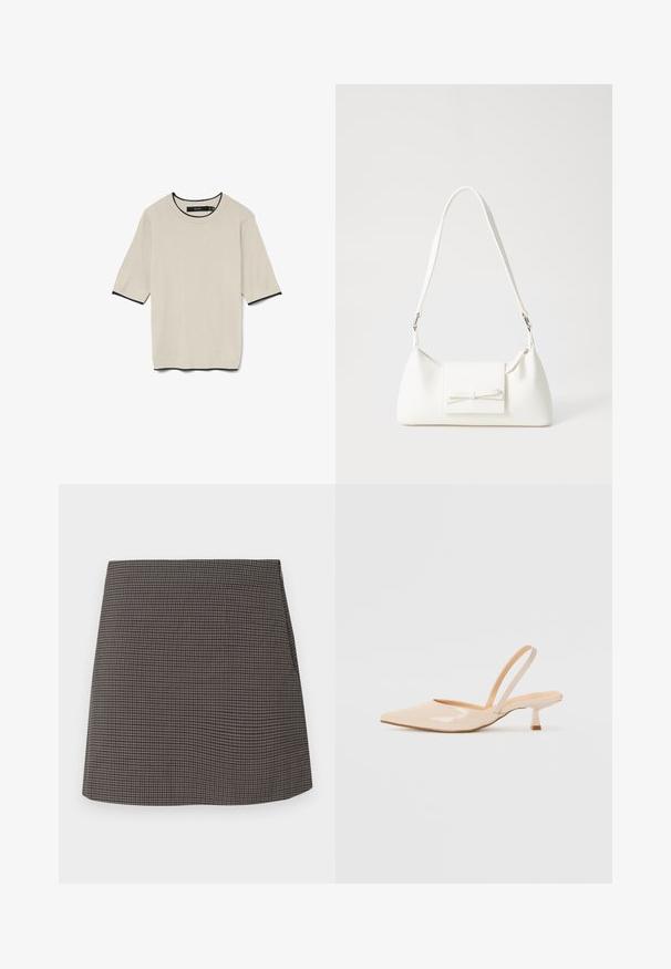 Lühikeste varrukatega, heledast beežist T-särk, millel on ümar kaelus ja kontrastne must äär kaelusel ja varrukaotsadel, esitledes tasapinnal.; Sirge lõikega mini seelik väikese musta ja halli houndstooth mustriga, ilma nähtavate kaunistuste või taskuteta.; Beežist lakitud nahast slingback kontsad terava nina ja peene ruudukujulise kontsaga. Sile tekstuur ja minimalistlik disain ilma kaunistusteta.; Valge sünteetilisest materjalist kott kolmnurkse kujuga, lame esiklapiga ja kaaredetailiga, reguleeritava rihmaga, sileda tekstuuriga ja minimalistliku disainiga.