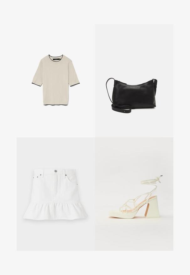 T-shirt à manches courtes de couleur beige clair avec un col rond et une bordure noire contrastante au niveau du col et des manches, présenté à plat.; Jupe en denim blanc avec un ourlet froncé, dotée d'un design à cinq poches, d'une fermeture à boutons à l'avant et d'accents en métal.; Sandale blanche à talons hauts avec un talon épais, présentant un design à lanières et un lien autour de la cheville. Texture lisse avec une plateforme à l'avant pour une hauteur supplémentaire.; Sac à épaule en cuir noir avec une texture lisse, une forme courbée, une bandoulière ajustable et une fermeture éclair. Design minimaliste sans embellissements.