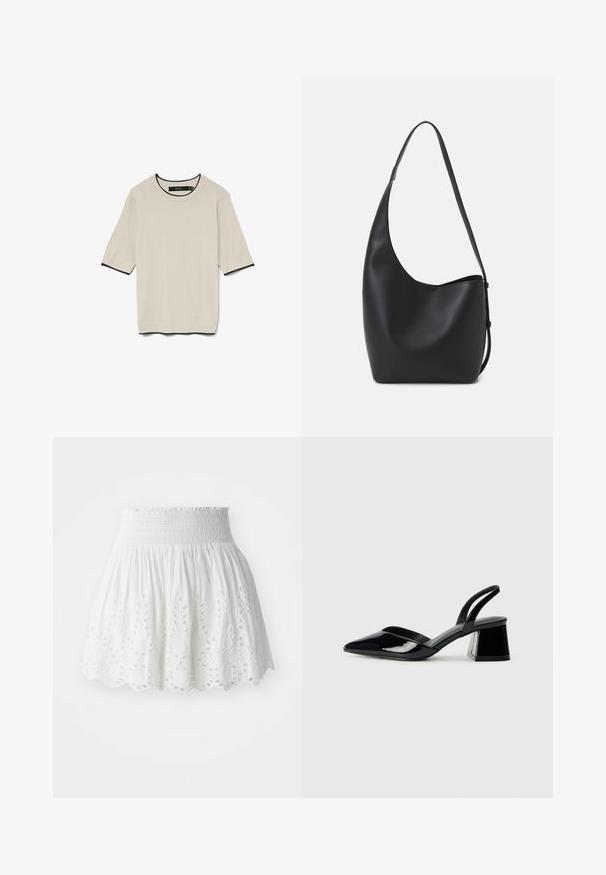 Iesvērta, gaiši beigu krāsas T-kreklu ar īsām piedurknēm, ar apaļu izgriezumu un kontrastējošu melnu apdari ap izgriezumu un piedurknēm, noformēts plakaniski.; Balta kokvilnas svārku ar smērētu jostasvietu, ar izšūtiem ziedu izgriezumiem pa apakšmalu un ar paplatinātu siluetu.; Melna lakota āda ar atvērto papēdi, ar smailu purngalu un ģeometrisku blokpapēdi. Iezīmējas elegants, minimāls dizains un gluda tekstūra.; Melnas ādas hobo soma ar gludu tekstūru, izliekta forma un vienu regulējamu jostu; augšā ir plaša atvere.