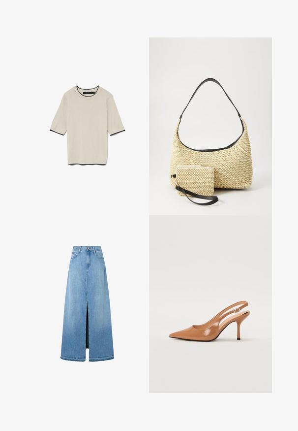 Trumpą rankovę, šviesiai smėlinę marškinėlį su apvalia iškirpte ir kontrastinga juoda apdaila ant iškirptės ir rankovių, pateiktą plokščiai.; Šviesiai mėlynas džinsinis maksi sijonas su priekinio skeltuko dizainu, būdingos A formos, su baigtu kraštu ir klasikiniu penkių kišenių dizainu. Uždarymas mygtuku juosmens srityje.; Pailgų smailiu pirštu slingback kulnas, pagamintas iš lygaus, blizgaus rudos spalvos medžiagos. Yra kreivų išpjovimų dizainas ir lieknas stiletto kulnas. Sidabrinė sagtis.; Austo pynimo šiaudinio rankinio krepšio su kreiviu siluetu, su glotnia juoda odine rankena ir atitinkamu mažu maišeliu, pritvirtintu prie riešo juostos.