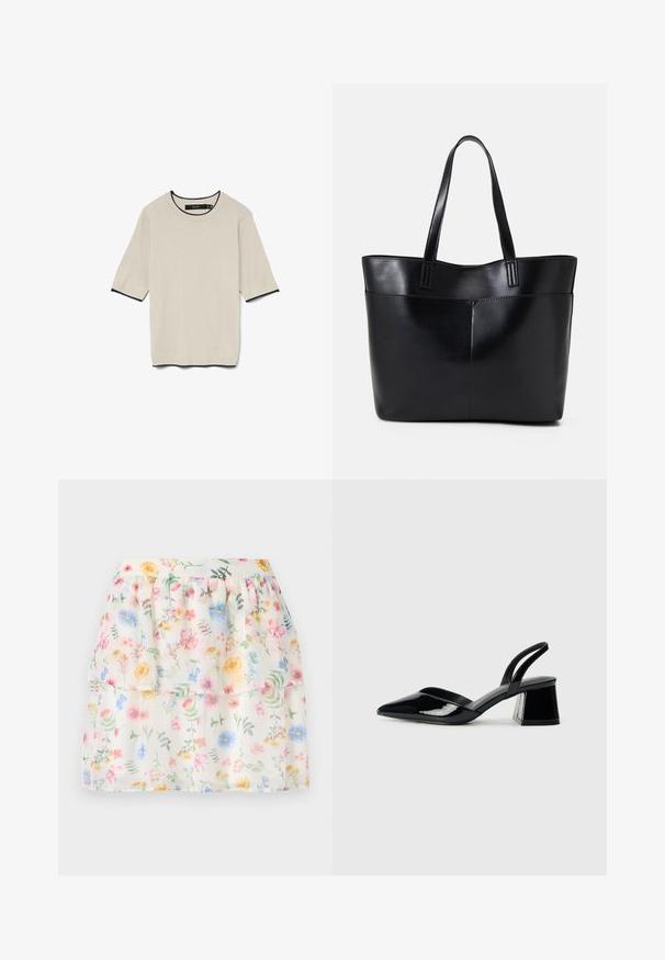 Kurzärmliges, hellbeiges T-Shirt mit Rundhalsausschnitt und kontrastierenden schwarzen Besätzen am Hals- und Ärmelausschnitt, flach präsentiert.; Weiße, floral bedruckte Stufenrock mit pastellfarbenen Blumen und grünen Akzenten. Hergestellt aus leichtem Stoff, mit einem gerafften Taillenbund.; Schwarze Lackleder-Slingback-High Heels mit spitzem Schuh und einem geometrischen Blockabsatz. Verfügt über ein schlankes, minimalistisches Design und eine glatte Textur.; Schwarze Leder-Shopper-Tasche mit zwei langen Griffen, einer glatten Textur und einer strukturierten Form. Verfügt über eine Vordertasche für zusätzlichen Stauraum.