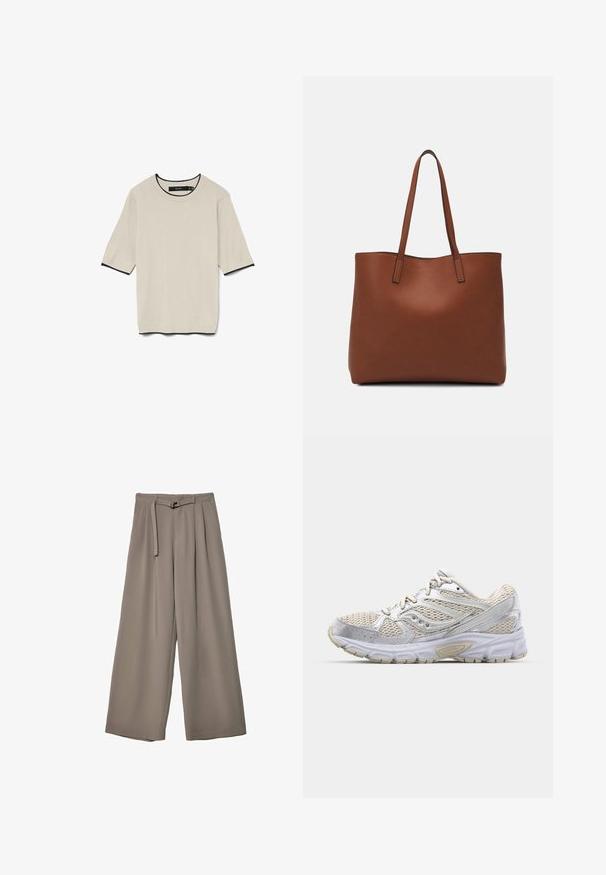 T-shirt à manches courtes de couleur beige clair avec un col rond et une bordure noire contrastante au niveau du col et des manches, présenté à plat.; Pantalons évasés en tissu gris doux et muted, avec une taille ceinturée et des plis pour un détail de design supplémentaire. Texture lisse, sans motifs.; Chaussure de course légère avec une tige en mesh blanc ornée d'accents argentés, semelle rembourrée et semelle extérieure en caoutchouc texturé pour une meilleure adhérence.; Sac fourre-tout en cuir marron avec une texture lisse, design à ouverture supérieure et deux poignées pour le porter à l'épaule. Présente des coutures minimales et aucun matériel visible.