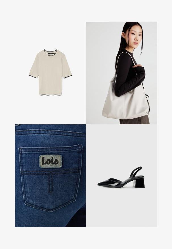 Majica kratkih rukava svijetlo bež boje s okruglim izrezom i kontrastnim crnim obrubom oko izreza i rukava, prikazana ravno.; Tamnoplave traperice s stražnjim džepom na kojem se nalazi kvadratna svijetloplava etiketa s natpisom "Lois" crnim kurzivnim slovima.; Crne lakirane kožne sandale s otvorenom petom i špicastim vrhom, s geometrijskom blok petom. Imaju elegantan, minimalistički dizajn i glatku teksturu.; Bežna torba od mekog materijala s opuštenim dizajnom, šivanim detaljima i dva remena za rame. Pogodna za svakodnevnu upotrebu.
