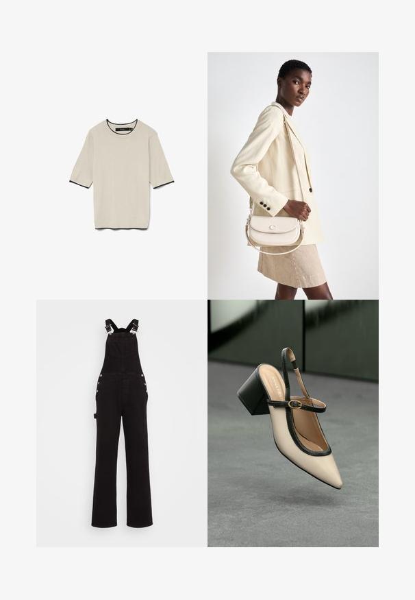 Kortærmet, lyse beige T-shirt med rund hals og kontrasterende sort kant ved halsudskæringen og ærmerne, præsenteret fladt.; Sorte denim overalls med brede ben, justerbare stropper, knapper i siden og frontlommer. Glat tekstur og robust stof.; Beige spids tå slingback sko med sort kant, guld spænde og en chunky blokhæl på grå gulv med mørkegrøn baggrund.; COACH EMMY SADDLE BAG 23 - Håndtasker - chalk