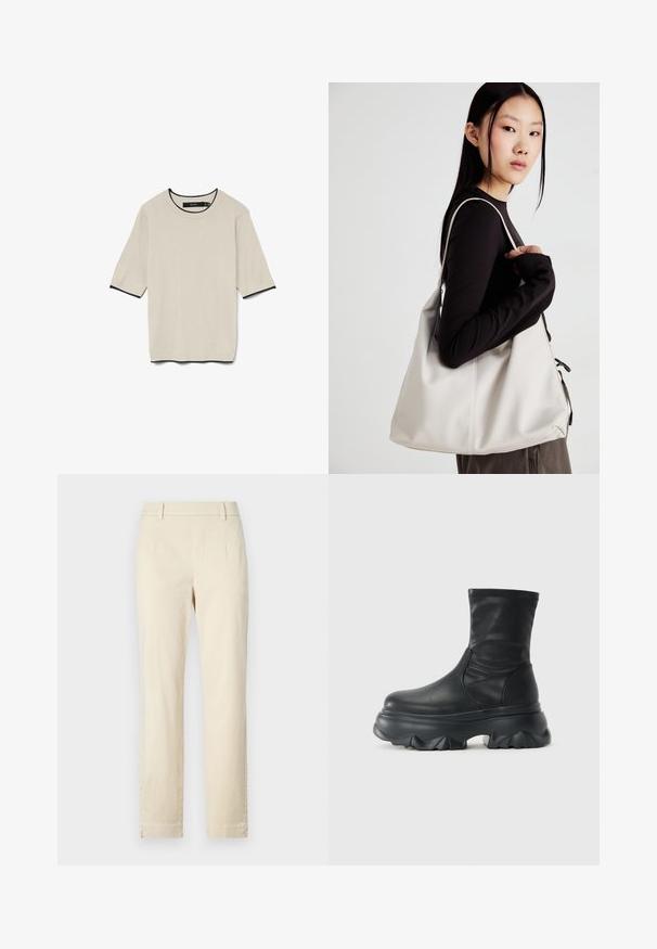T-shirt à manches courtes de couleur beige clair avec un col rond et une bordure noire contrastante au niveau du col et des manches, présenté à plat.; Pantalons en coton beige avec un design à jambe droite, devant plat et des détails de couture subtils. Pas de poches visibles ni de matériel.; Botte noire mi-mollet avec tige en cuir lisse et semelle épaisse sculptée avec un motif de crampons profond.; Sac à main beige en matériau souple, avec un design décontracté, des détails cousus et deux poignées. Idéal pour un usage quotidien.