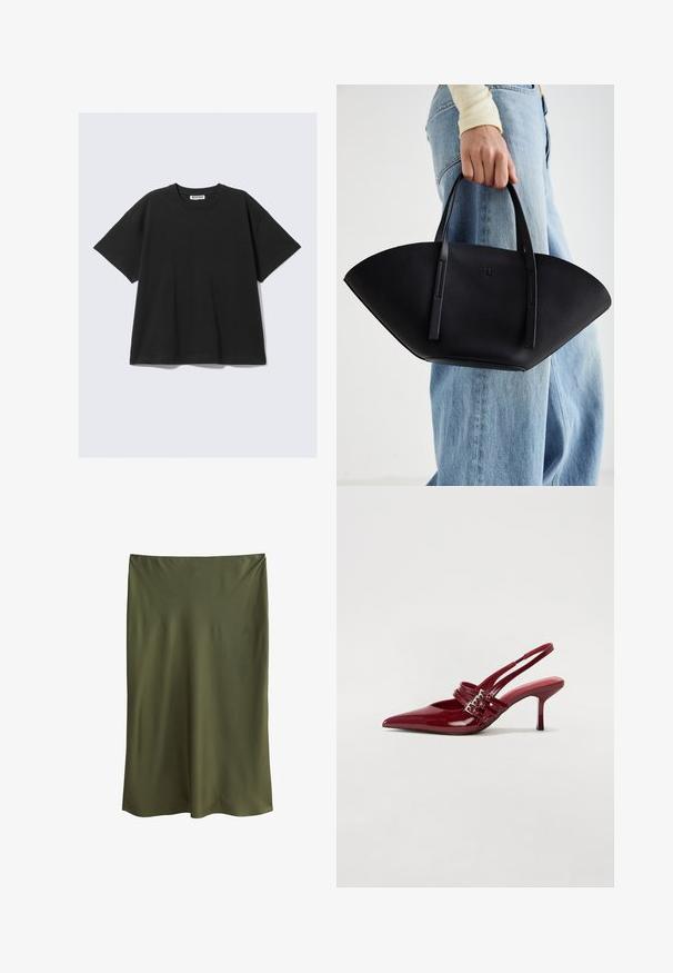 Camiseta negra de manga corta en algodón con un corte relajado, cuello redondo y diseño minimalista. Sin patrones ni acentos visibles.; Falda midi de satén verde oliva con una textura suave y diseño recto, que presenta una línea de cintura ligeramente drapeada para un look minimalista.; Zapatos de tacón tipo slingback en charol rojo con punta afilada, dos correas con hebilla y un tacón de stiletto delgado y de altura media. Textura suave.; Bolso de mano de cuero negro con una forma de abanico única, que cuenta con asas planas. La superficie tiene una textura de grano y un diseño minimalista.