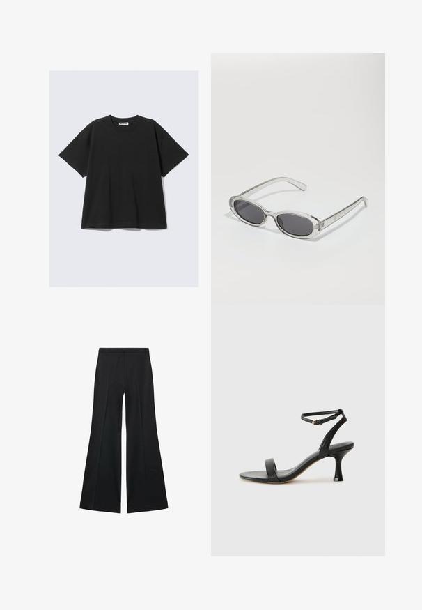 T-shirt noir à manches courtes en coton avec une coupe décontractée, un col ras du cou et un design minimaliste. Aucun motif ni accent visible.; Pantalons larges noirs avec une texture lisse, présentant des plis sur le devant et un design ajusté. Le tissu est léger et fluide.; Sandale à talon en cuir noir avec une sangle de cheville, présentant un design élégant, un bout ouvert et un talon effilé pour une silhouette épurée.; Lunettes de soleil de forme ovale, monture en plastique transparent, verres gris foncé et branches transparentes fines avec des accents de logo et un minimalisme dans les détails.; Sac fourre-tout en cuir noir avec une poignée courbée, forme triangulaire allongée et texture lisse. Présente un design minimaliste sans matériel visible.