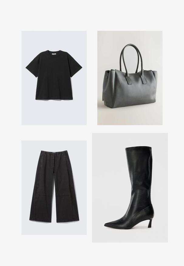 T-shirt noir à manches courtes en coton avec une coupe décontractée, un col ras du cou et un design minimaliste. Aucun motif ni accent visible.; Pantalons larges noirs en coton. Présentent une taille élastique et des coutures latérales avec des détails de couture. Devant plat sans poches.; Botte en cuir noire, montant jusqu'au genou, avec un bout pointu et un petit talon. Texture lisse et design épuré avec des détails de couture subtils.; Sac à main en cuir gris avec double poignée, forme rectangulaire, texture lisse et design minimaliste. Présente des panneaux latéraux plats et des coutures discrètes.