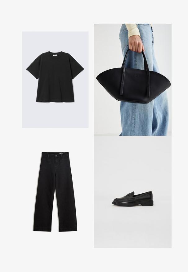 Black short-sleeve t-shirt in cotton with a relaxed fit, crew neck, and minimalistic design. No patterns or visible accents present.; Black wide-leg denim pants with a high waist, featuring front and back pockets, stitched seams, and a button closure. Smooth texture.; Marc O'Polo PAULA - Slip-ons - black; Black leather handbag with a unique fan shape, featuring flat handles. The surface has a pebbled texture and a minimalistic design.