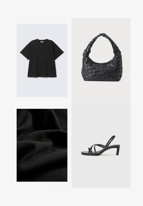 Camiseta negra de manga corta en algodón con un corte relajado, cuello redondo y diseño minimalista. Sin patrones ni acentos visibles.; Tejido negro con canalé y una superficie texturizada, que resalta pliegues y curvas sutiles. El material parece ligero y flexible.; Sandalia negra de tiras con punta cuadrada y tacón bajo de bloque. Presenta múltiples tiras delgadas y una correa ajustable en el tobillo. Fabricada en cuero suave.; Bolso de hombro de cuero negro trenzado con un asa redondeada y un cuerpo en forma de media luna sobre un fondo liso.