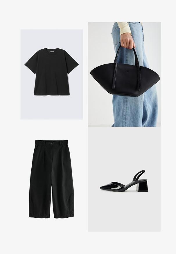 Zwarte korte mouw t-shirt van katoen met een relaxte pasvorm, ronde hals en minimalistisch ontwerp. Geen patronen of zichtbare accenten aanwezig.; Zwarte wijde broek van katoen, met een knoopsluiting, plooien aan de voorkant en zijzakken; gladde textuur en losse pasvorm.; Zwarte gepatineerde leren slingback hakken met een spitse neus en een geometrische blokhak. Kenmerkt zich door een slank, minimalistisch ontwerp en een gladde textuur.; Zwarte leren handtas met een unieke waaier vorm, voorzien van platte handvatten. Het oppervlak heeft een gewelfde textuur en een minimalistisch ontwerp.