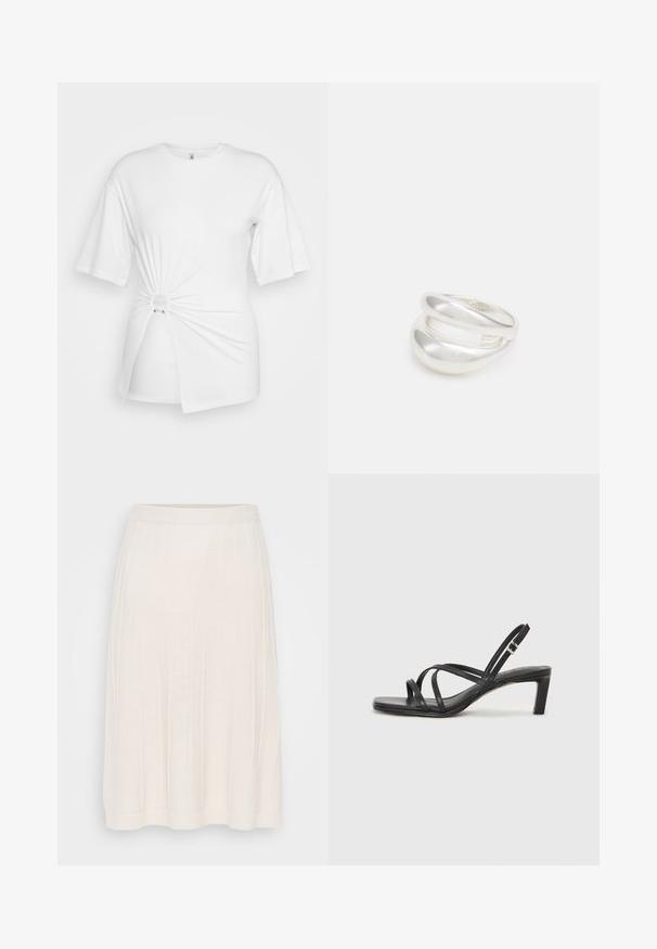 Balta marškinėliai, pagaminti iš minkštos medvilnės, su trumpomis rankovėmis, suktos mazgo detalėmis priekyje ir akcento žiedu liemenyje.; Balta siaurinta megzta sijonas su juostele, siekiantis iki pusės blauzdos. Papuoštas vertikaliomis juostelėmis ir minkšta tekstūra. Paprasta, A formos siluetas.; Juodi šlepetės su kvadratiniu pirštu ir žemu bloku kulnu. Yra keli ploni dirželiai ir reguliuojamas kulkšnies diržas. Pagaminti iš lygios odos.; Sidabrinis dvigubas žiedas su lygiu, poliruotu paviršiumi. Pasižymi sklandžiu, kreiptu dizainu su persipinančiomis dalimis, suteikiančiomis modernų išvaizdą.