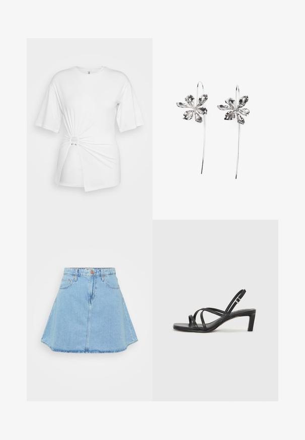Balts T-krekls, kas izgatavots no mīkstas kokvilnas, ar īsām piedurknēm, priekšpusē ir pagrieztās mezgla detaļa un akcentējoša gredzena detaļa jostasvietā.; Gaiši zils džoša svārku modelis ar izplūdušu formu, priekšējo pogu aizdari, četriem kabatām un neapstrādātu malu apdari.; Melnas strappy sandales ar kvadrātveida purngaliem un zemu bloku papēdi. Ievērojamas ar vairākiem plāniem siksniņām un regulējamu potītes siksniņu. Izgatavotas no gludas ādas.; Sudraba zieda formas auskari ar teksturētu apdari, ar garām uzkarsējošām daļām un ziedlapiņām līdzīgām detaļām, veidojot sarežģītu dizainu.