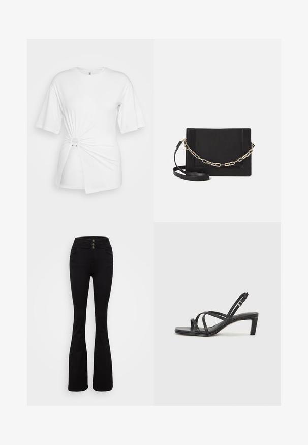 White T-shirt made of soft cotton, featuring short sleeves, a twisted knot detail at the front, and an accent ring at the waist.; Black flared jeans made of denim, featuring a high waist with three button closures, front pockets, and a smooth texture.; Black strappy sandal with a square toe and a low block heel. Features multiple thin straps and an adjustable ankle strap. Made of smooth leather.; Black leather crossbody bag featuring a smooth texture, rectangular shape, and a metallic chain detail on the front. Adjustable strap included.