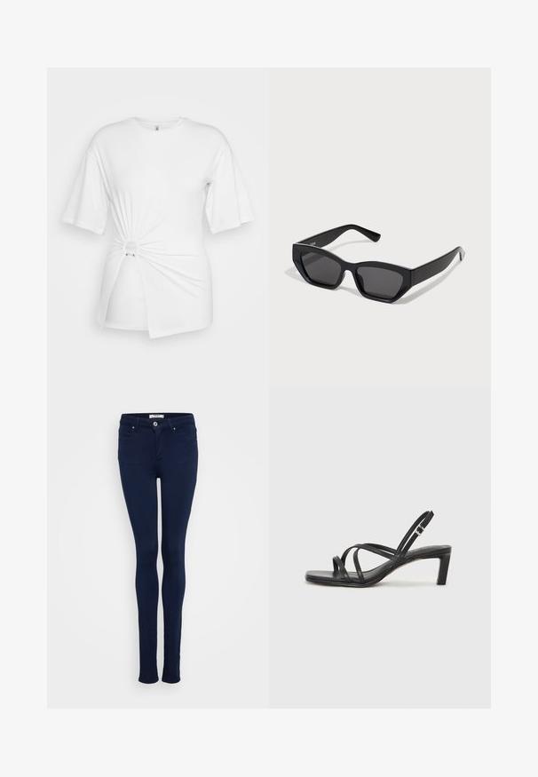 Camiseta blanca hecha de algodón suave, con mangas cortas, un detalle de nudo retorcido en la parte frontal y un anillo decorativo en la cintura.; Jeans ajustados de color azul marino, fabricados con tejido elástico, que cuentan con una textura suave, diseño de cinco bolsillos y cierre de botón en la cintura.; Sandalia negra de tiras con punta cuadrada y tacón bajo de bloque. Presenta múltiples tiras delgadas y una correa ajustable en el tobillo. Fabricada en cuero suave.; Gafas de sol rectangulares negras con montura gruesa, lentes oscuros y diseño angular. Material de plástico liso sin patrones o acentos visibles.; Anillo de plata de doble banda con una superficie lisa y pulida. Presenta un diseño fluido y curvado con secciones superpuestas para un aspecto moderno.