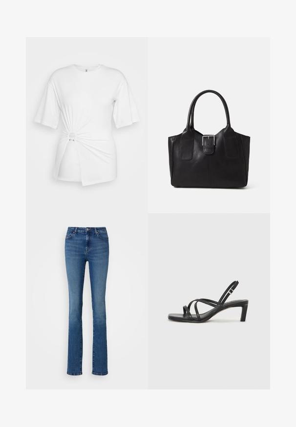 Fehér póló, puha pamutból készült, rövid ujjakra jellemző, elöl csavarodott csomó részlettel és derék körüli akcentusgyűrűvel.; ONLY Tall ONLSUI MID - Karcsúsított farmerek - medium blue denim; Fekete pántos szandál négyzetes orral és alacsony blokk sarkal. Több vékony pánttal és állítható boka pánttal rendelkezik. Sima bőrből készült.; Fekete bőr bevásárlótáska sima textúrával, strukturált formával, két fogantyúval és egy figyelemfelkeltő ezüst csattal az elején.