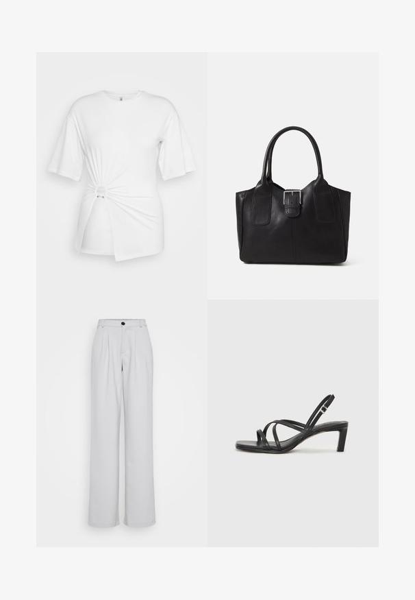 White T-shirt made of soft cotton, featuring short sleeves, a twisted knot detail at the front, and an accent ring at the waist.; Light gray wide-leg trousers with front pleats, a fitted waistband, and a single black button closure. Made from smooth, textured fabric.; Black strappy sandal with a square toe and a low block heel. Features multiple thin straps and an adjustable ankle strap. Made of smooth leather.; Black leather tote bag with smooth texture, structured shape, two handles, and a prominent silver buckle detail on the front.