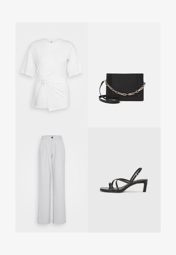 Hvid T-shirt lavet af blød bomuld, med korte ærmer, en snoet knude detalje foran og en accentringer i taljen.; Lys grå vide bukser med frontfolder, en tætsiddende talje og en enkelt sort knaplukning. Lavet af glat, struktureret stof.; Sort remsandale med firkantet tå og en lav blokeret hæl. Har flere tynde stropper og en justerbar ankelrem. Fremstillet af glat læder.; Sort læder crossbody taske med en glat tekstur, rektangulær form og en metallisk kæde detalje foran. Justerbar skulderrem inkluderet.
