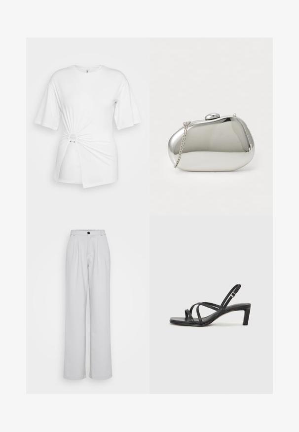 Witte T-shirt van zachte katoen, met korte mouwen, een gedraaide knoopdetail aan de voorkant en een accentring bij de taille.; Lichtgrijze wijde pantalon met voorplooien, een getailleerde tailleband en een enkele zwarte knoopsluiting. Gemaakt van een soepele, gestructureerde stof.; Zwarte sandaal met bandjes, vierkante teen en een lage blokhak. Voorzien van meerdere dunne bandjes en een verstelbare enkelband. Gemaakt van zacht leer.; Zilveren metalen clutch met een afgeronde, gladde vorm. Voorzien van een sluiting met een haak en een afneembare kettingriem. Reflecterend oppervlak zonder patronen.