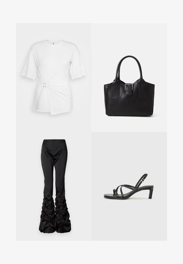 Tricou alb din bumbac moale, cu mâneci scurte, detaliu cu nod răsucit în față și un inel de accent la talie.; AVAVAV PLEATED TROUSER - Pantaloni - black; Sandal cu barete negre, cu vârf pătrat și toc mic de bloc. Prezintă mai multe barete subțiri și o bareta ajustabilă la gleznă. Fabricat din piele netedă.; Geantă tote din piele neagră cu textură netedă, formă structurată, două mânere și un detaliu proeminent din aliaj de argint pe partea din față.; Cerceii în formă de inimă argintie sunt decorați cu pietre clare fațetate, având un cadru texturat. Setul include stiluri cu buton și cu pandantiv.