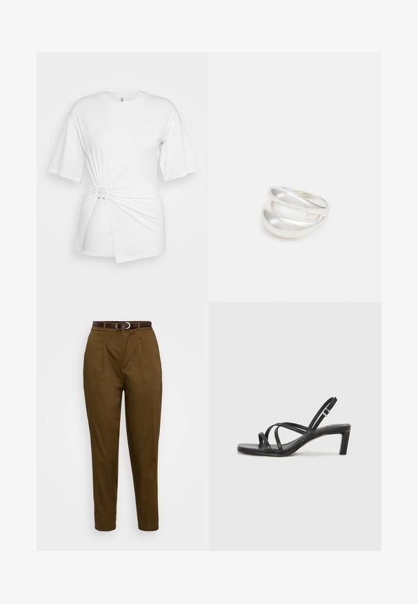 Balts T-krekls, kas izgatavots no mīkstas kokvilnas, ar īsām piedurknēm, priekšpusē ir pagrieztās mezgla detaļa un akcentējoša gredzena detaļa jostasvietā.; Brūnas pielāgotas bikses ar gludu audumu, kurām ir priekšējās krokas un brūns ādas jostas ar sudraba sprādzi. Elegants šaurs dizains.; Melnas strappy sandales ar kvadrātveida purngaliem un zemu bloku papēdi. Ievērojamas ar vairākiem plāniem siksniņām un regulējamu potītes siksniņu. Izgatavotas no gludas ādas.; Sudraba divu joslu gredzens ar gludu, pulētu virsmu. Iezīmējas ar plūstošu, izliekta dizaina struktūru ar pārklājošām sekcijām modernam izskatam.
