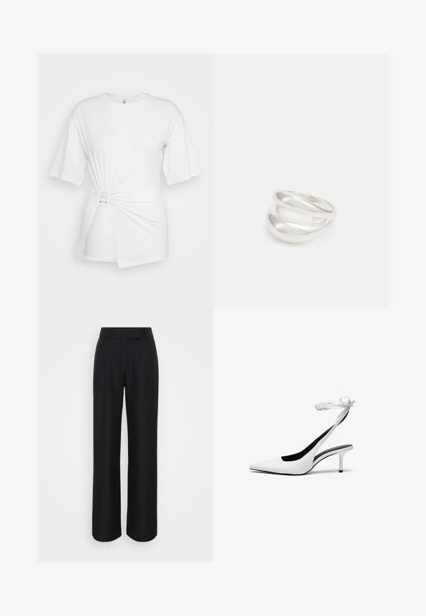 Balts T-krekls, kas izgatavots no mīkstas kokvilnas, ar īsām piedurknēm, priekšpusē ir pagrieztās mezgla detaļa un akcentējoša gredzena detaļa jostasvietā.; Melni platā kāju bikses, kas izgatavotas no gludas auduma, ar augstu jostasvietu un vieglām frontālām krokām; nav redzamu rakstu vai furnitūras.; Baltas, ar norādītu pirkstu, ar siksniņu ap potīti. Gluda ādas virsma, plāns stiletto papēdis un melna iekšējā oderējums.; Sudraba divu joslu gredzens ar gludu, pulētu virsmu. Iezīmējas ar plūstošu, izliekta dizaina struktūru ar pārklājošām sekcijām modernam izskatam.