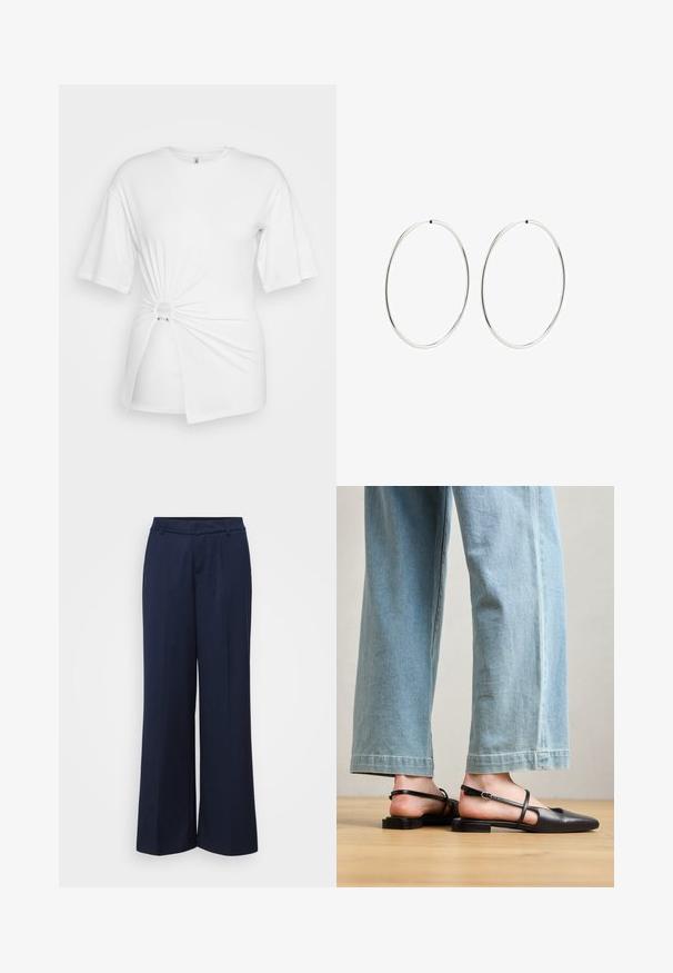 Camiseta blanca hecha de algodón suave, con mangas cortas, un detalle de nudo retorcido en la parte frontal y un anillo decorativo en la cintura.; Pantalones de pierna ancha en color marino, confeccionados con una tela suave. Cuentan con una parte frontal plana con pliegues y una cinturilla clásica para un aspecto formal.; Zapatos slingback de cuero negro con punta afilada, tacón plano y tira en el tobillo; llevados con jeans de pierna ancha en azul claro.; Pendientes de aro plateados con un diseño redondo y liso, y un acabado pulido. Son delgados y ligeros, y cuentan con un sencillo cierre de gancho.
