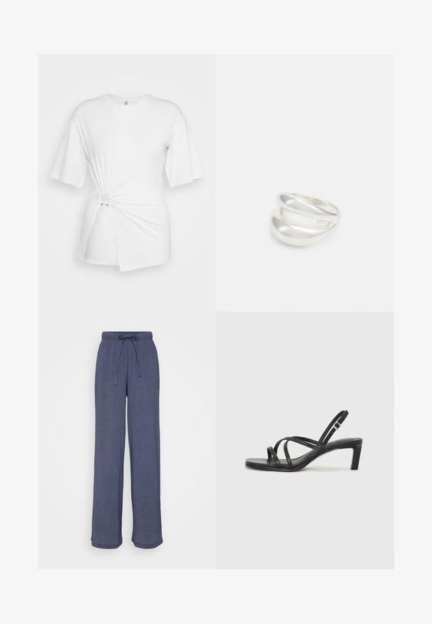 White T-shirt made of soft cotton, featuring short sleeves, a twisted knot detail at the front, and an accent ring at the waist.; Navy wide-leg trousers made of textured fabric, featuring an elastic waistband with a drawstring and a relaxed fit throughout the legs.; Black strappy sandal with a square toe and a low block heel. Features multiple thin straps and an adjustable ankle strap. Made of smooth leather.; Silver double-band ring with a smooth, polished surface. Features a fluid, curved design with overlapping sections for a modern look.