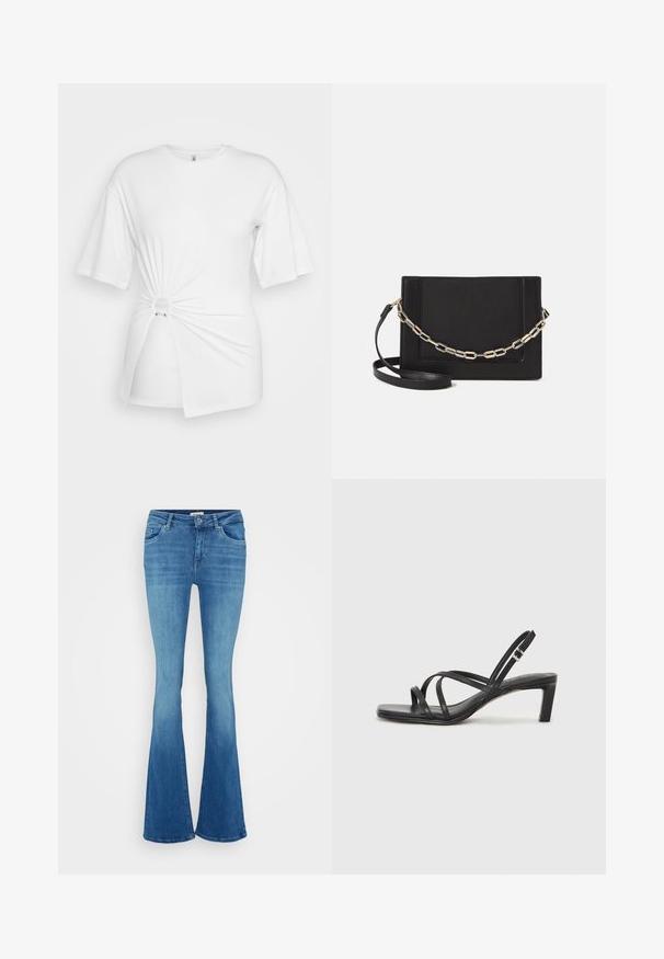 Balta marškinėliai, pagaminti iš minkštos medvilnės, su trumpomis rankovėmis, suktos mazgo detalėmis priekyje ir akcento žiedu liemenyje.; ONLY Tall ONLBLUSH MID - Platėjantys džinsai - medium blue denim; Juodi šlepetės su kvadratiniu pirštu ir žemu bloku kulnu. Yra keli ploni dirželiai ir reguliuojamas kulkšnies diržas. Pagaminti iš lygios odos.; Juodas odinis per petį nešiojamas krepšys turi lygų paviršių, stačiakampio formą ir metalinę grandinėlę priekyje. Pridedama reguliuojama dirželis.