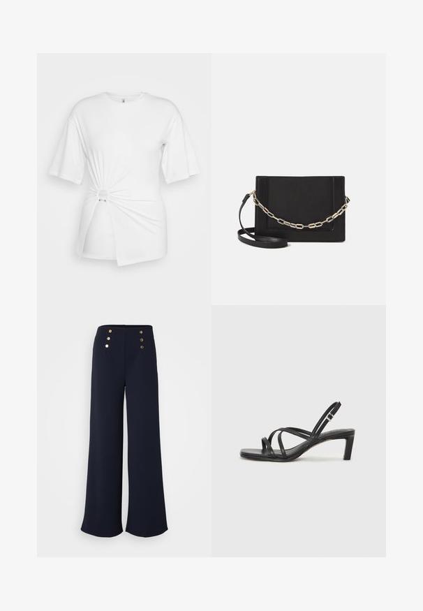 Witte T-shirt van zachte katoen, met korte mouwen, een gedraaide knoopdetail aan de voorkant en een accentring bij de taille.; Navy wijde broek gemaakt van gladde stof, met vier gouden knoopaccenten op de hoge tailleband.; Zwarte sandaal met bandjes, vierkante teen en een lage blokhak. Voorzien van meerdere dunne bandjes en een verstelbare enkelband. Gemaakt van zacht leer.; Zwarte leren schoudertas met een gladde textuur, rechthoekige vorm en een metallic kettingdetail aan de voorkant. Verstelbare schouderband inbegrepen.