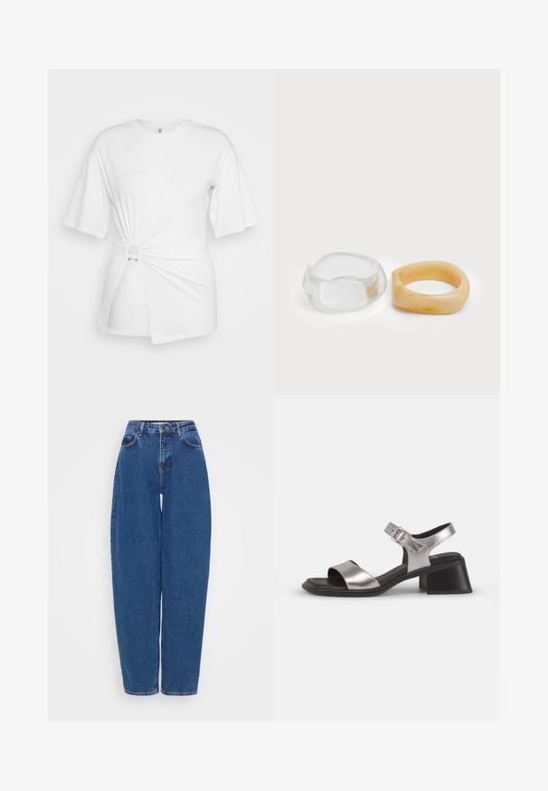 Bijela majica napravljena od mekanog pamuka, s kratkim rukavima, s detaljem uvijenog čvora sprijeda i dekorativnim prstenom u struku.; Plave traperice sa širokim krojem, visokim strukom i ravnim nogavicama. Sadrže tradicionalne šavove i pet džepova.; Srebrne kožne sandale s otvorenim prstima, sa širokom prednjom trakom, trakom oko gležnja sa kopčom i srednjim blok petama.; Bistre i prozirni prstenovi od smole, jedan glatki i proziran, a drugi s teksturiranim, bistrim završetkom. Obojica imaju zaobljene, masivne dizajne.