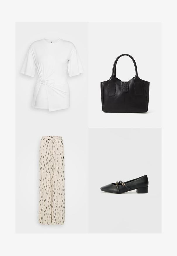 Witte T-shirt van zachte katoen, met korte mouwen, een gedraaide knoopdetail aan de voorkant en een accentring bij de taille.; Crème maxi rok met zwarte diamanten en bloemmotieven, geplooid materiaal, strikceintuur en luchtig ontwerp.; Zwarte leren blockhak schoenen met een vierkante neus. Beschikt over twee banden met gouden gespen over de wreef. Soepele textuur, minimalistisch ontwerp.; Zwarte leren tote bag met een gladde textuur, gestructureerde vorm, twee handvatten en een opvallend zilveren sluitingdetail aan de voorkant.