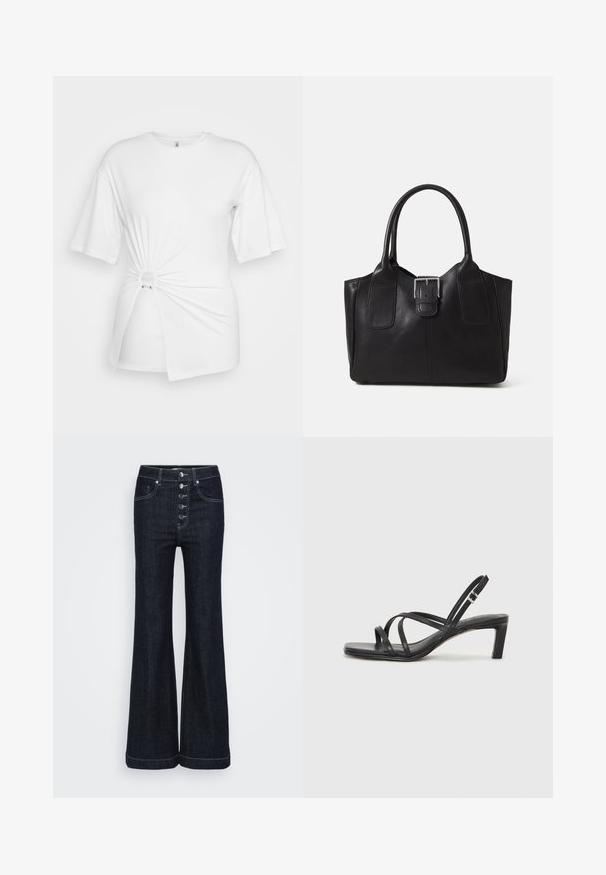 Tricou alb din bumbac moale, cu mâneci scurte, detaliu cu nod răsucit în față și un inel de accent la talie.; Jeans evazați din denim închis, cu talie înaltă, cinci butoane în față și cusături albe contrastante pe ș seamă și tiv. Design clasic.; Sandal cu barete negre, cu vârf pătrat și toc mic de bloc. Prezintă mai multe barete subțiri și o bareta ajustabilă la gleznă. Fabricat din piele netedă.; Geantă tote din piele neagră cu textură netedă, formă structurată, două mânere și un detaliu proeminent din aliaj de argint pe partea din față.