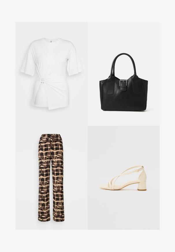 Camiseta branca feita de algodão macio, com mangas curtas, detalhe de nó torcido na frente e um anel de destaque na cintura.; Calças de perna larga em tecido leve com um padrão abstrato em preto e bege. Cintura com cordão ajustável, corte descontraído.; Sandálias de salto bege com salto bloco, design com tiras e correia no tornozelo ajustável, feitas de material sintético liso com acabamento mate.; Bolsa tote de couro preta com textura suave, forma estruturada, duas alças e um destaque prateado proeminente na parte da frente.