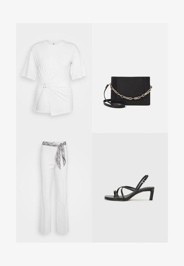 White T-shirt made of soft cotton, featuring short sleeves, a twisted knot detail at the front, and an accent ring at the waist.; White trousers with a fitted waist and a patterned grey snake-print sash tied at the front. Flared leg design with smooth fabric texture.; Black strappy sandal with a square toe and a low block heel. Features multiple thin straps and an adjustable ankle strap. Made of smooth leather.; Black leather crossbody bag featuring a smooth texture, rectangular shape, and a metallic chain detail on the front. Adjustable strap included.