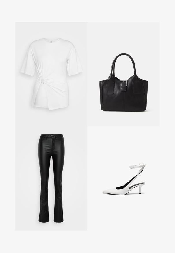Fehér póló, puha pamutból készült, rövid ujjakra jellemző, elöl csavarodott csomó részlettel és derék körüli akcentusgyűrűvel.; Fekete műbőr bő szabású nadrág sima textúrával, elülső zsebekkel és cipzáras lezárással. Feszes derékvarrással és enyhén fényes felülettel rendelkezik.; Fehér, hegyes orrú, hátsó pánttal ellátott magassarkú cipők vékony boka pánttal. Finom bőrből készült, vékony tűsarkú, és fekete belső béléssel rendelkezik.; Fekete bőr bevásárlótáska sima textúrával, strukturált formával, két fogantyúval és egy figyelemfelkeltő ezüst csattal az elején.