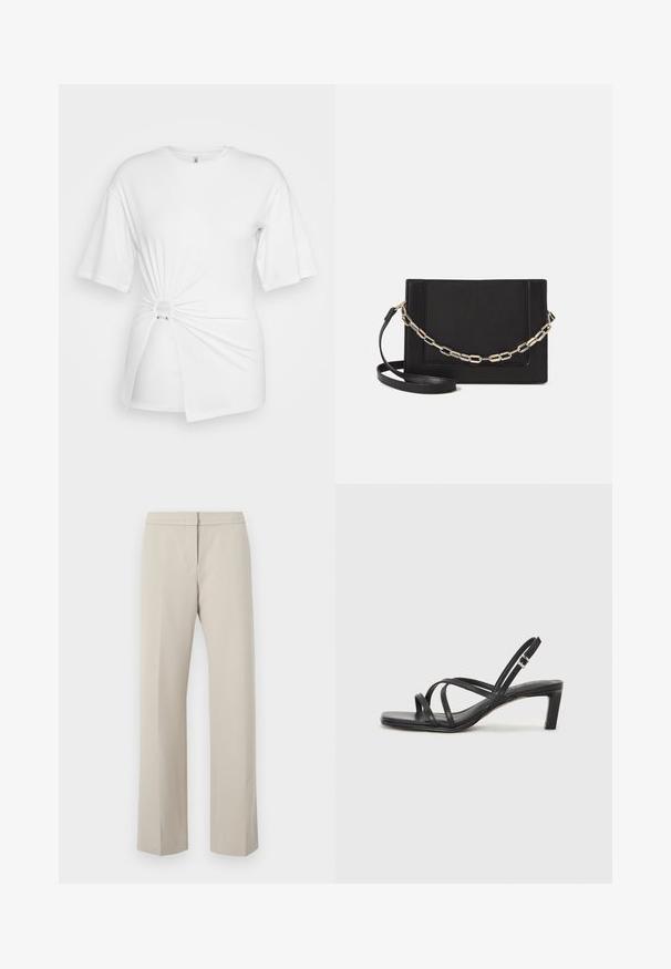 Balts T-krekls, kas izgatavots no mīkstas kokvilnas, ar īsām piedurknēm, priekšpusē ir pagrieztās mezgla detaļa un akcentējoša gredzena detaļa jostasvietā.; Beigā taisnas kājas bikses ar līdzeno priekšpusi un bez redzamām detaļām vai rakstiem. Izgatavotas no gludas auduma, ar tīru griezumu.; Melnas strappy sandales ar kvadrātveida purngaliem un zemu bloku papēdi. Ievērojamas ar vairākiem plāniem siksniņām un regulējamu potītes siksniņu. Izgatavotas no gludas ādas.; Melna ādas crossbody soma ar gludu faktūru, taisnstūrveida formu un metalizētu ķēdes detaļu priekšā. Iekļauta regulējama siksna.